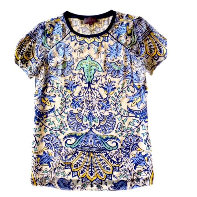 Hale Bob Blue Floral Patterned Short Sleeve Silk Blouse Size Xs